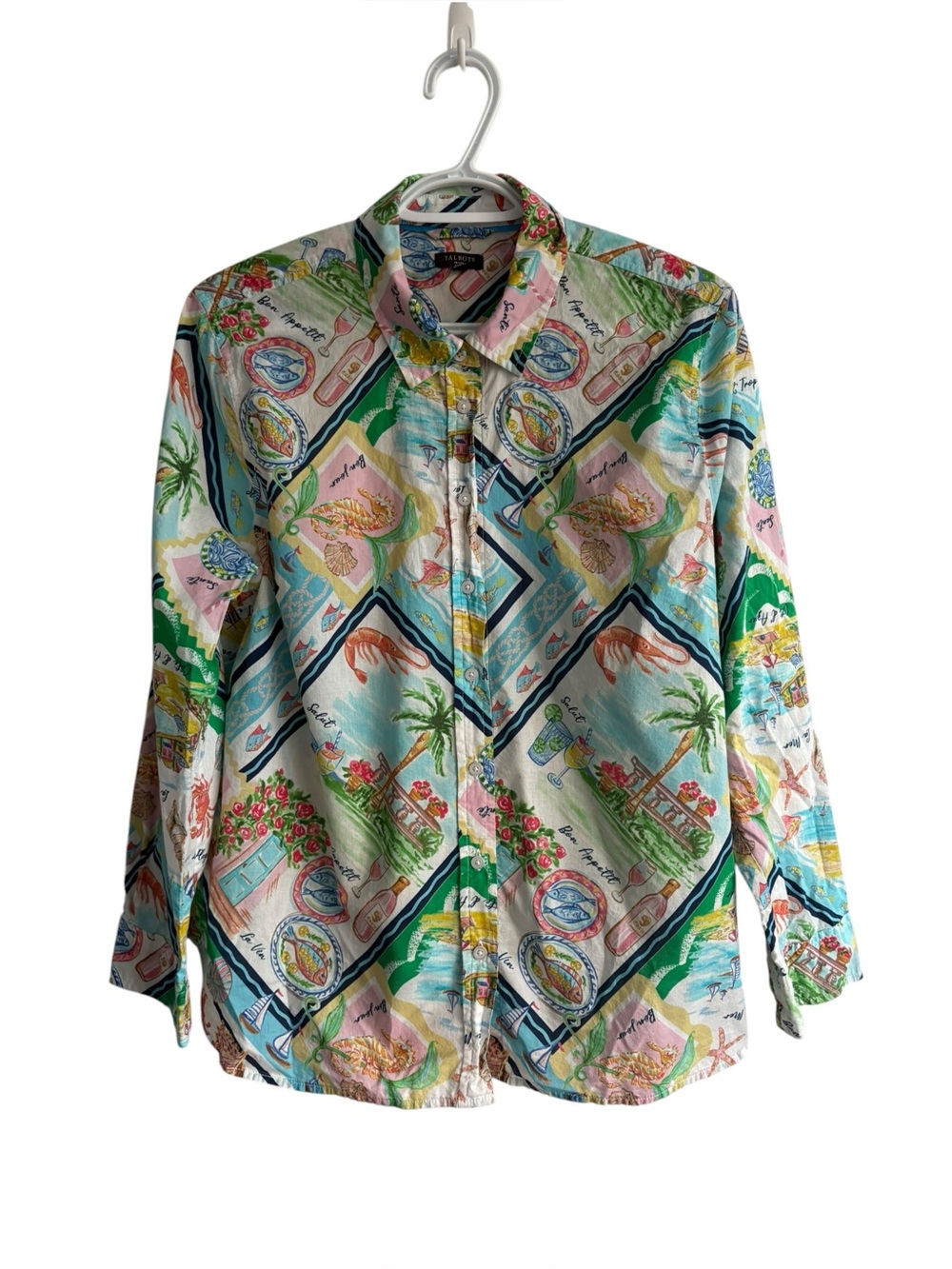 Talbots XLP Cotton Blend Button Up Shirt Colorful Coastal Tropical Print